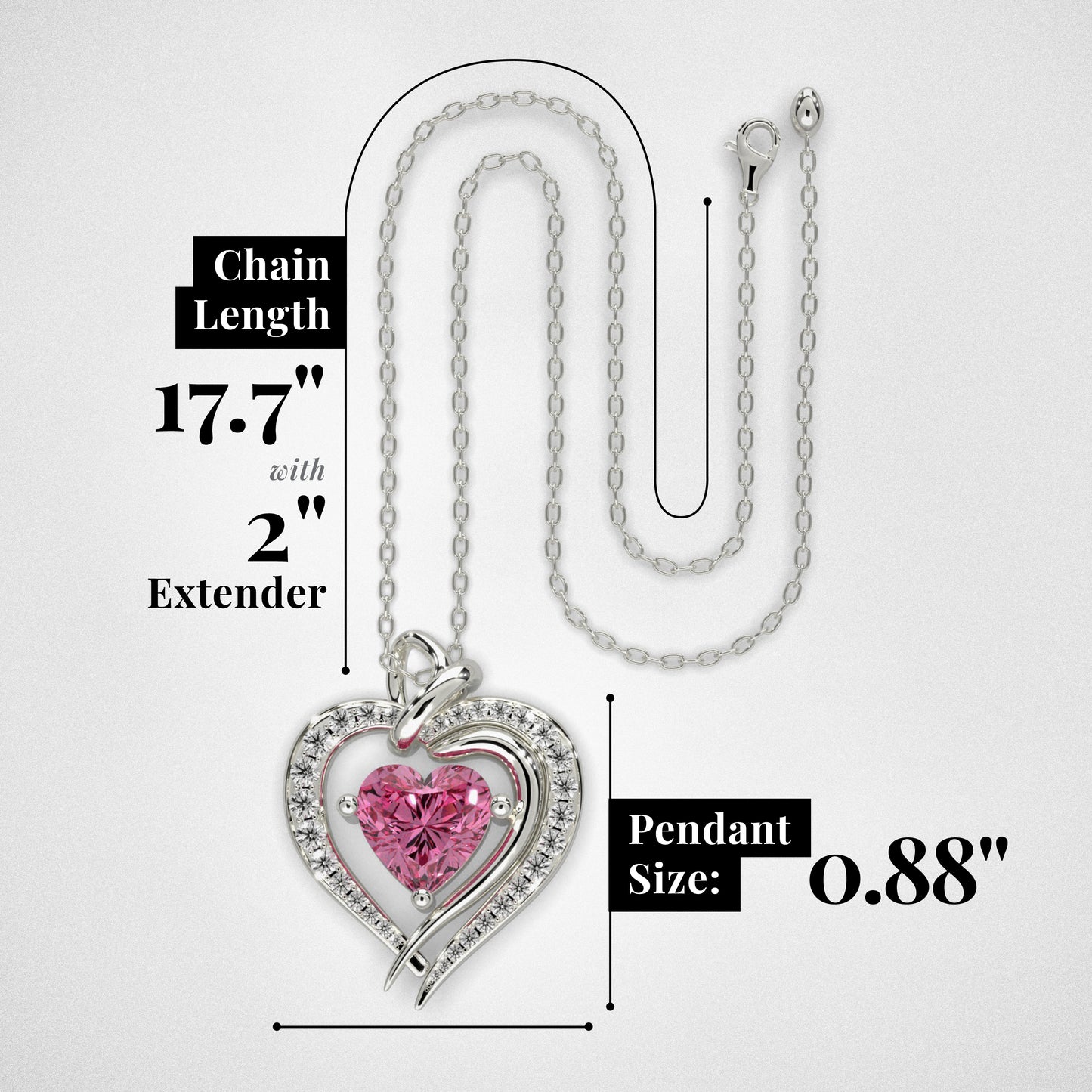 925 Silver Heart Birthstone Necklace (October - Rose)