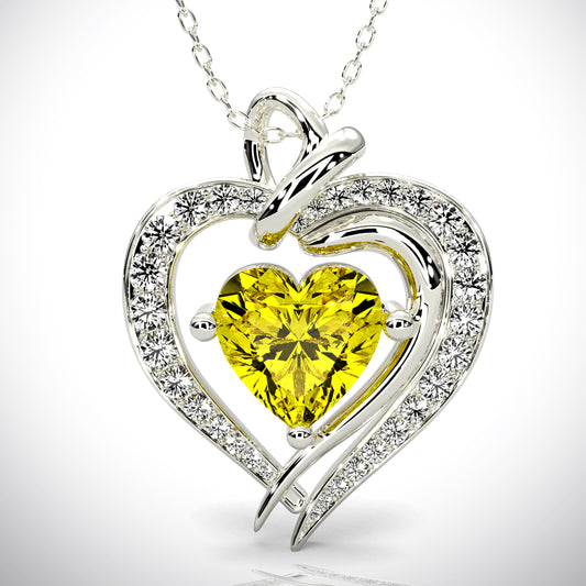 925 Silver Heart Birthstone Necklace (November - Yellow Topaz)