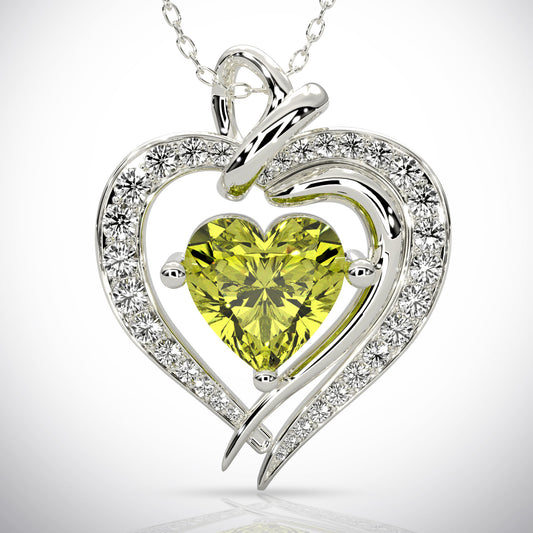 925 Silver Heart Birthstone Necklace (August - Peridot)