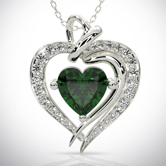 925 Silver Heart Birthstone Necklace (May - Emerald)